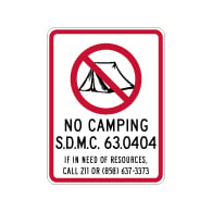 City of San Diego M.C. No Camping Sign - 18x24 - Reflective rust-free heavy-gauge aluminum Property Signs