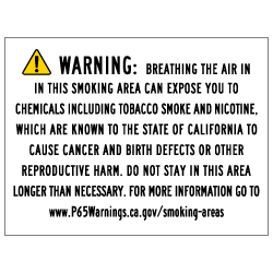 Proposition 65 Designated Smoking Area Warning Labels - 8x6 (Package of 3). Digitally printed on rugged vinyl & outdoor-rated inks with a peel-off self-adhesive backing.
