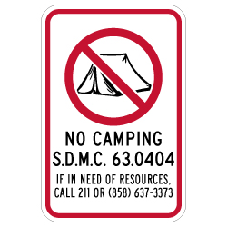 City of San Diego M.C. No Camping Sign - 12x18 - Reflective rust-free heavy-gauge aluminum Property Signs