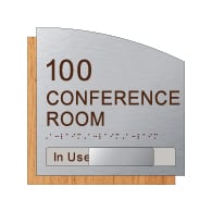 Custom Conference Room Number and Name Sign with In-Use Slide - 8.5 x 8.5 - Brushed Aluminum and Wood Laminates