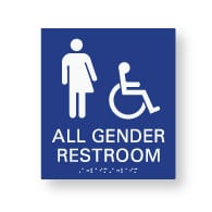 American Made High Quality ADA All Gender Restroom Wall Signs with ISA Symbol Tactile Text and Grade 2 Braille - 8x9 size.