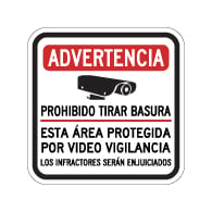 Spanish Warning No Dumping This Area Protected By Video Surveillance Sign - 12x12. Made with 3M Reflective Rust-Free Heavy Gauge Durable Aluminum available at STOPSignsAndMore