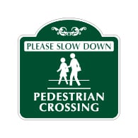 Mission Style Slow Down Pedestrian Crossing Sign - 18x18. Made with 3M Reflective Rust-Free Heavy Gauge Durable Aluminum available for quick shipping from STOPSignsAndMore