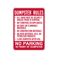 Dumpster Rules No Parking In Front Of Dumpster Sign - 18x24 - Dumpster Signs Made with Reflective Rust-Free Heavy Gauge Durable Aluminum available at STOPSignsAndMore.com