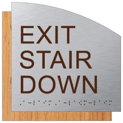 ADA Exit Stair Down Sign - Designer Brushed Aluminum and Wood Laminates with Tactile Text and Braille