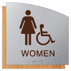 Female ADA Wheelchair   Accessible Restroom Wall Sign in  Brushed Aluminum and Wood Laminates