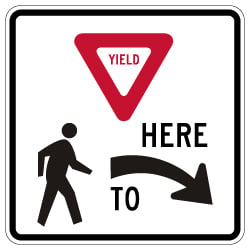 R1-5 Yield Here To Pedestrians Right Arrow Sign - 24x24. Crosswalk Sign Made with 3M Reflective Rust-Free Heavy Gauge Durable Aluminum available at STOPSignsAndMore