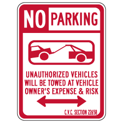 California No Parking CVC Section 22658 Sign - Double Arrow - 18x24 - Made with 3M Reflective Rust-Free Heavy Gauge Durable Aluminum available at STOPSignsAndMore.com