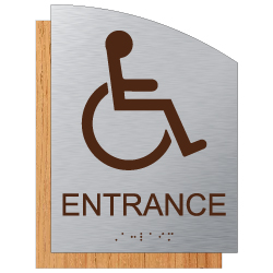 ADA Accessible Entrance Sign - 6.5" x 8.5" - Brushed Aluminum and Maple Fusion Wood Grain Laminate - Tactile Text & Grade 2 Braille | STOPSignsAndMore.com