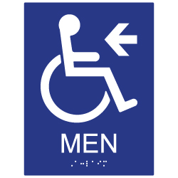 ADA Compliant Wheelchair Access Pictogram Men Restroom Wall Sign with Left Directional Arrow. Tactile Text and Grade 2 Braille Included.