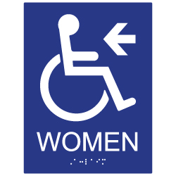 ADA Compliant Wheelchair Access Pictogram Women Restroom Wall Sign with Left Directional Arrow. Tactile Text and Grade 2 Braille Included.