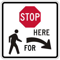 R1-5b Stop Here For Pedestrians Right Arrow Sign - 24x24 - Made with 3M DG3 Reflective Rust-Free Heavy Gauge Durable Aluminum available at STOPSignsAndMore.com